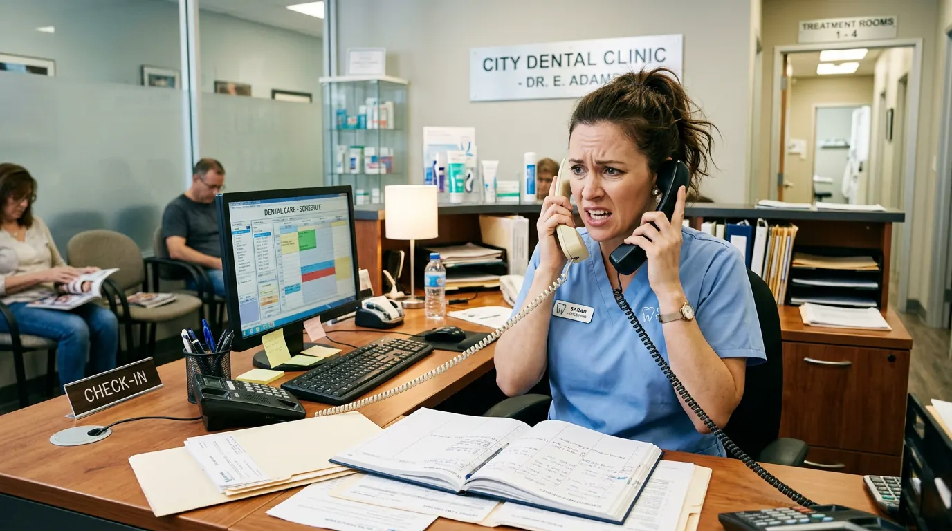 Busy dental front desk handling multiple incoming calls and scheduling pressure.