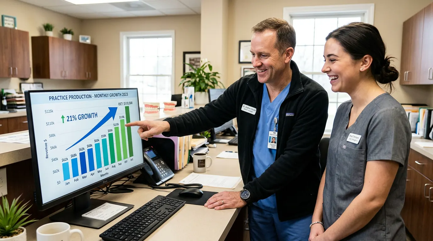 Dental team reviewing growth data together in the office.